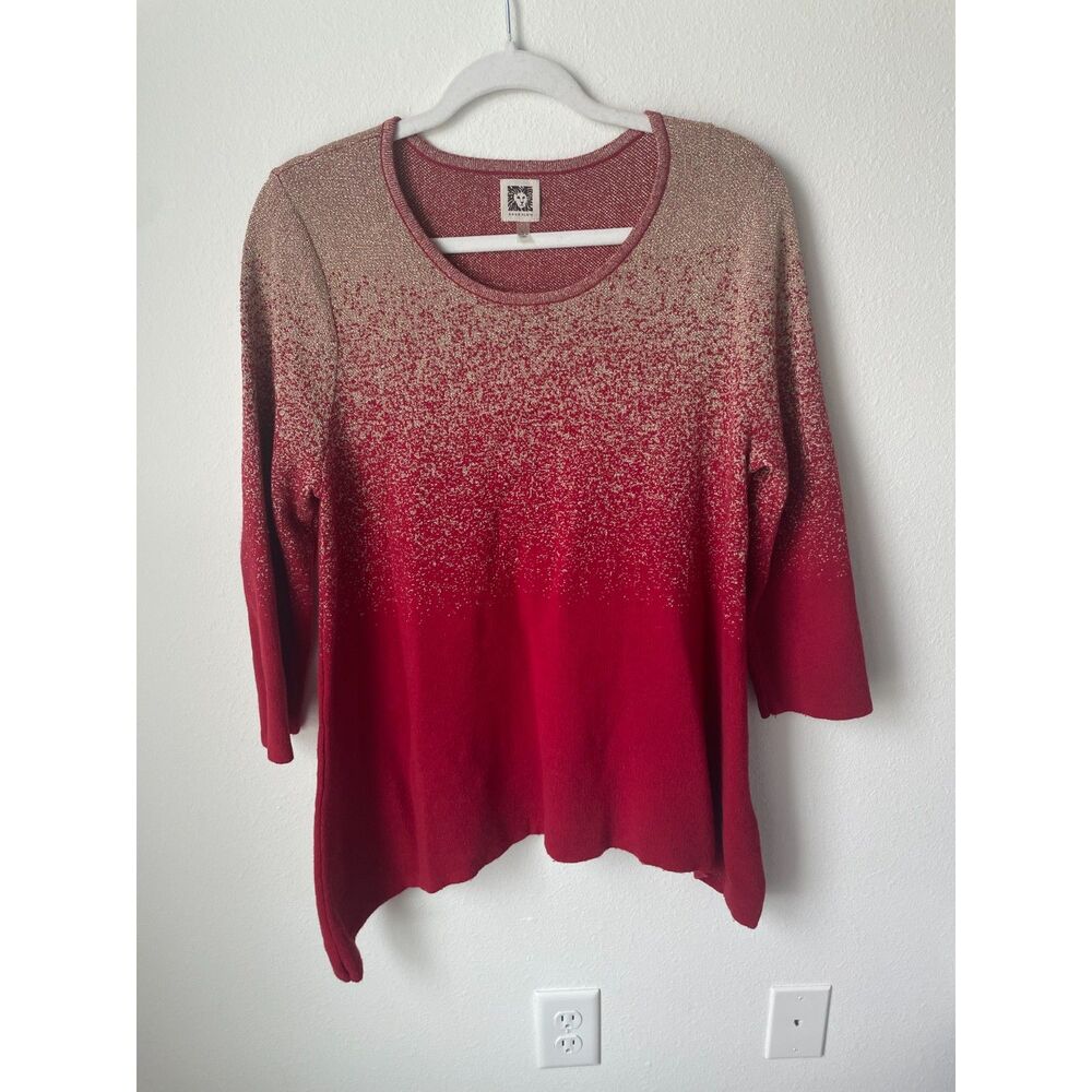 Red core ombre metallic sweater L Anne Klein shimmer handkerchief hem top